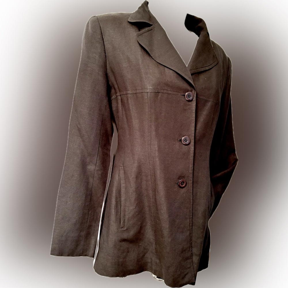 Lightweight Black Linen Blend Button-Front Blazer with Pockets